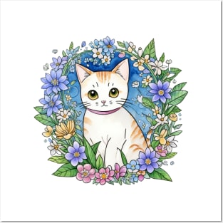 Kawaii Floral Cat Posters and Art